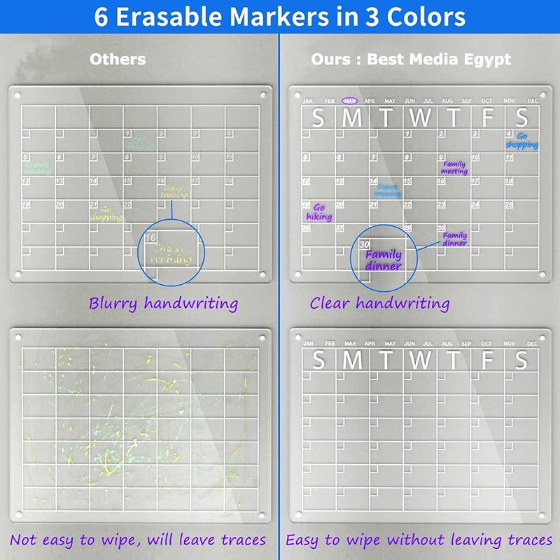 Best Media,(40x30cm) Clear Acrylic Magnetic Dry Erase Board and Calendar for Fridge,(Set of 2),Includes 6 Markers ٢بورد مغناطيسي من الاكريليك الشفاف للملاحظات والتخطيط - Image 3