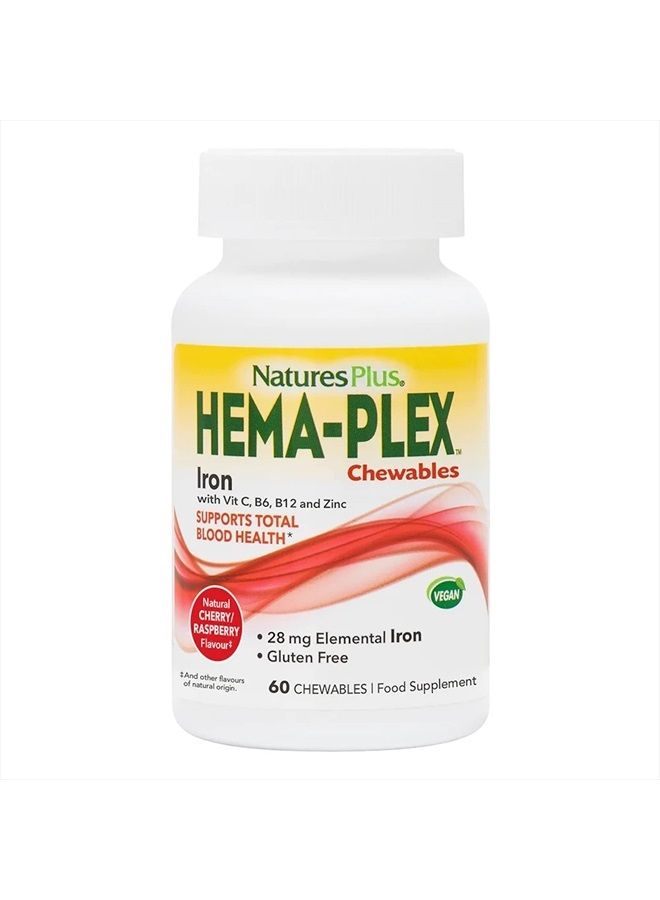 Nature's Plus NaturesPlus Hema-Plex Iron - 60 Mixed Berry Chewables - 85 mg Elemental Iron - Total Blood Health - with Vitamin C & Bioflavonoids - Vegan, Gluten Free - 20 Servings - Image 1