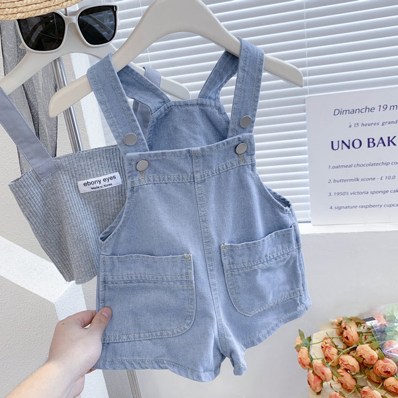 Girls' Denim Overalls Shorts Korean Children's Clothing Baby Boys and Girls Loose Shorts Casual Pants Summer J1002 - Image 1