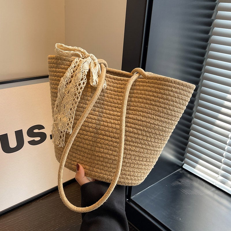 Women's Handwoven Cotton Shoulder Tote Bag for Summer Beach - Image 4