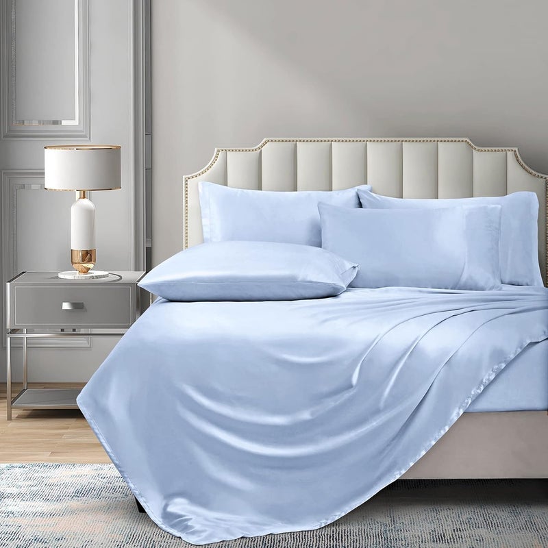 P Pothuiny 6 Pieces Queen Satin Sheets Luxury Baby Blue Satin Bedding Sheet Set, 1 Deep Pocket Fitted Sheet + 1 Flat Sheet + 4 Pillow Cases - Image 2