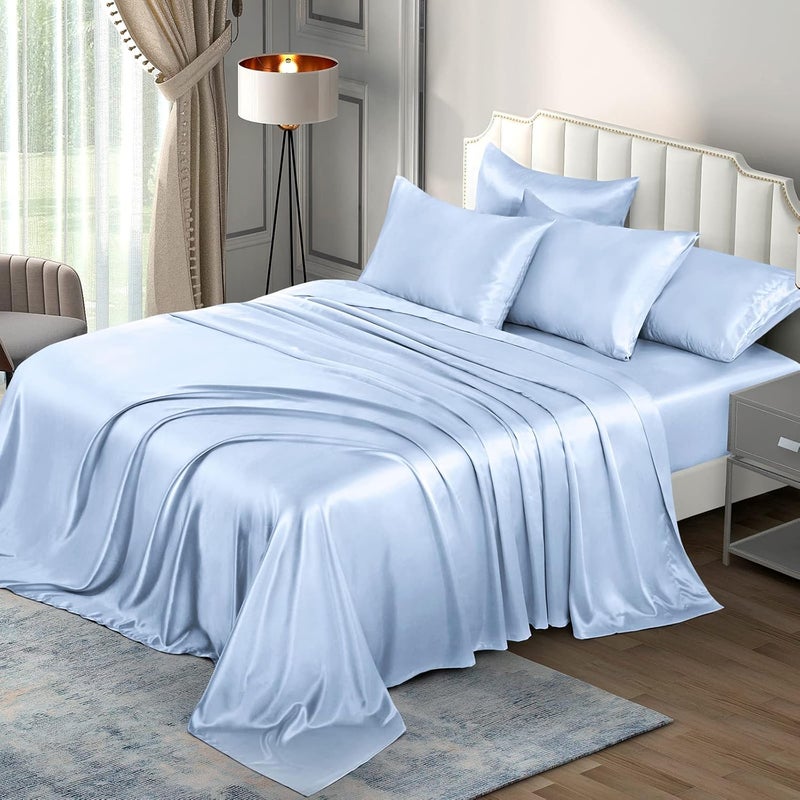 P Pothuiny 6 Pieces Queen Satin Sheets Luxury Baby Blue Satin Bedding Sheet Set, 1 Deep Pocket Fitted Sheet + 1 Flat Sheet + 4 Pillow Cases - Image 3