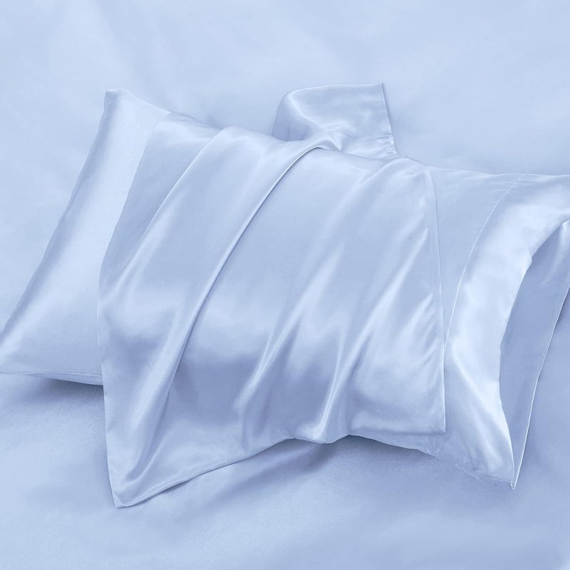 P Pothuiny 6 Pieces Queen Satin Sheets Luxury Baby Blue Satin Bedding Sheet Set, 1 Deep Pocket Fitted Sheet + 1 Flat Sheet + 4 Pillow Cases - Image 5