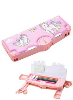 Multifunction Unicorn Pencil Case Magnetic Operating Cover Automatic Button Pencil Box with 2 Compartments for Students Cartoon Pattern Stationery Set with Pop Out Scissors and Pencil Sharpener Pink