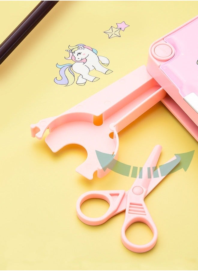 Generic - Multifunction Unicorn Pencil Case Magnetic Operating Cover Automatic Button Pencil Box with 2 Compartments for Students Cartoon Pattern Stationery Set with Pop Out Scissors and Pencil Sharpener Pink - Image 1