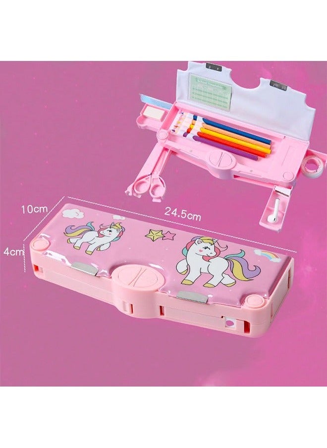 Generic - Multifunction Unicorn Pencil Case Magnetic Operating Cover Automatic Button Pencil Box with 2 Compartments for Students Cartoon Pattern Stationery Set with Pop Out Scissors and Pencil Sharpener Pink - Image 1