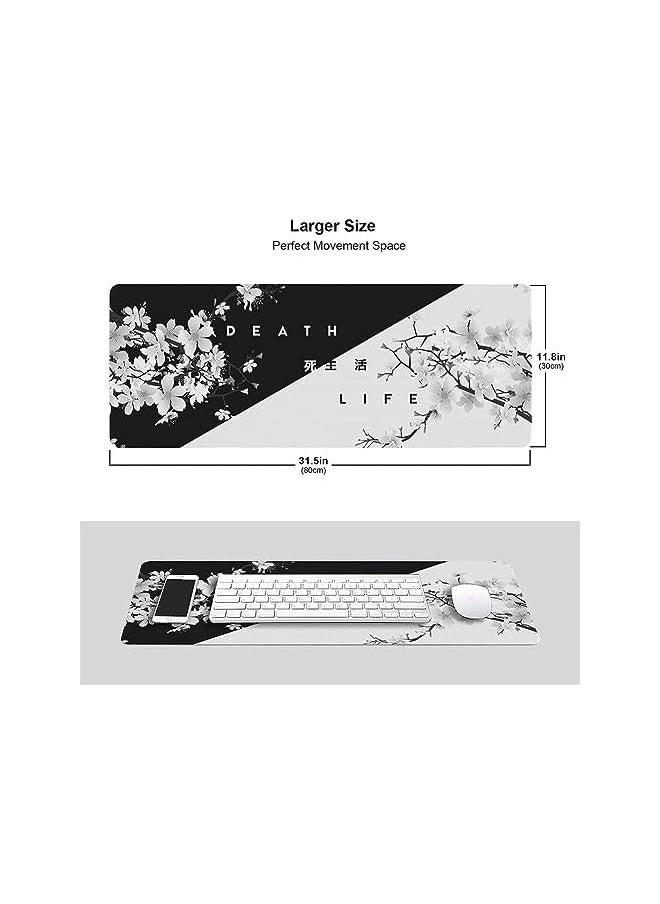 Bolivia's Gaming Mouse Pad, 80 x 30 x 0.3 Cm Extended Large Mouse Mat Desk Pad with Black White Cherry Blossom, Non Slip Rubber Mice Pads, Stitched Edges Mousepad for Gaming Laptop PC Desktop
