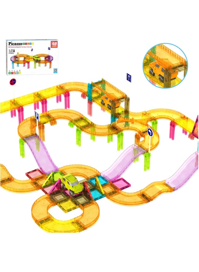 PicassoTiles 40pc Race Car Track Magnetic Tiles Travel Toy Sensory Magnet Tile Toys for Toddlers STEM Educational Learning Montessori Play Construction Building Blocks Kids Boys Girls Ages 3+ PTMR40 - Image 1