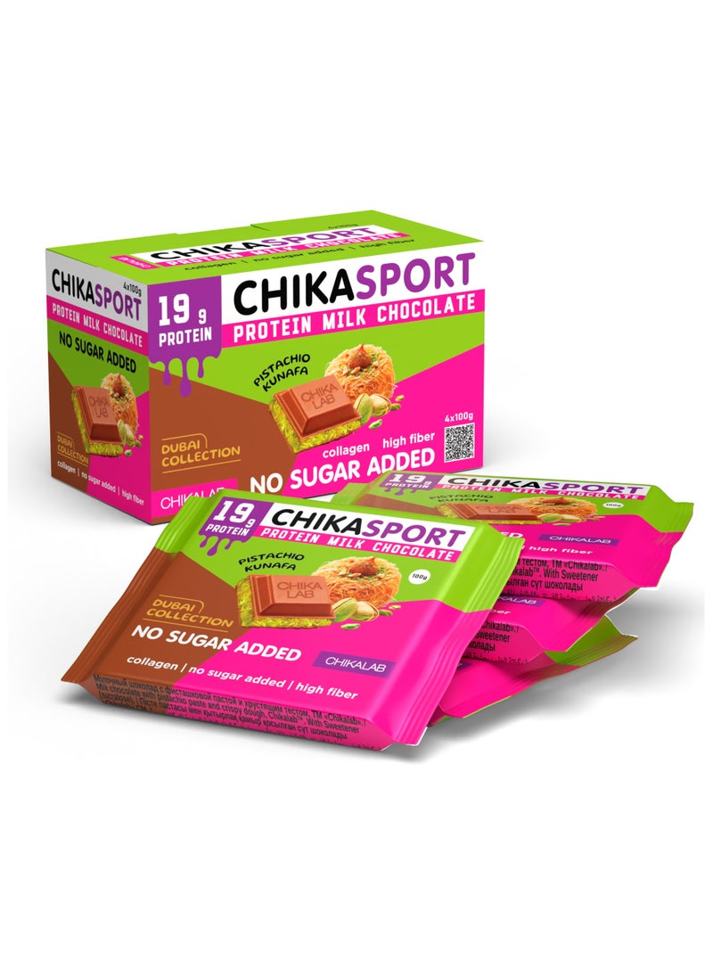 Chikalab CHIKASPORT Collagen Protein Milk Chocolate Pistachio Kunafa Dubai Collection High Fiber & No Sugar Added 4x100g  - Image 1