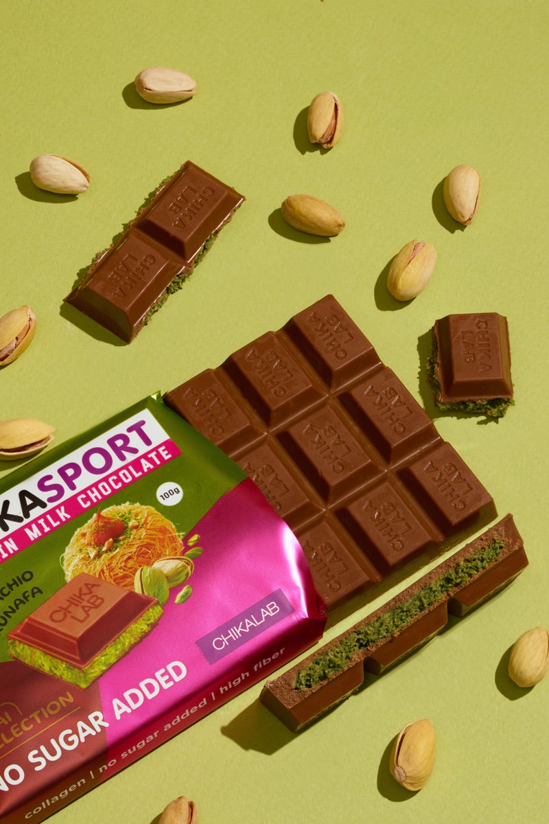 Chikalab CHIKASPORT Collagen Protein Milk Chocolate Pistachio Kunafa Dubai Collection High Fiber & No Sugar Added 4x100g - Image 2