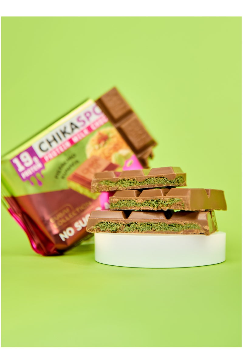 Chikalab CHIKASPORT Collagen Protein Milk Chocolate Pistachio Kunafa Dubai Collection High Fiber & No Sugar Added 4x100g - Image 3