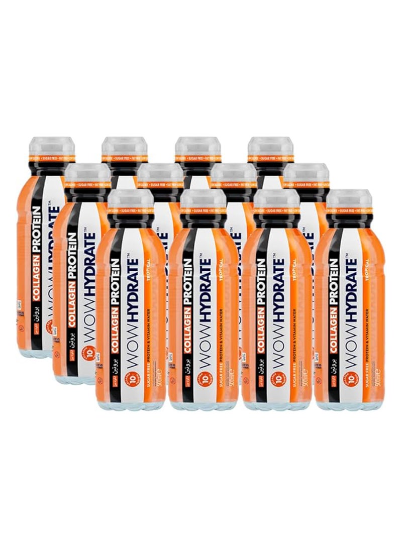 WOW Hydrate ماء بروتين 10 جرام كولاجين خالي من السكر منخفض السعرات غنية بالفيتامينات تعزيز البروتين اليومي 12 × 500 مل استوائي - Image 1