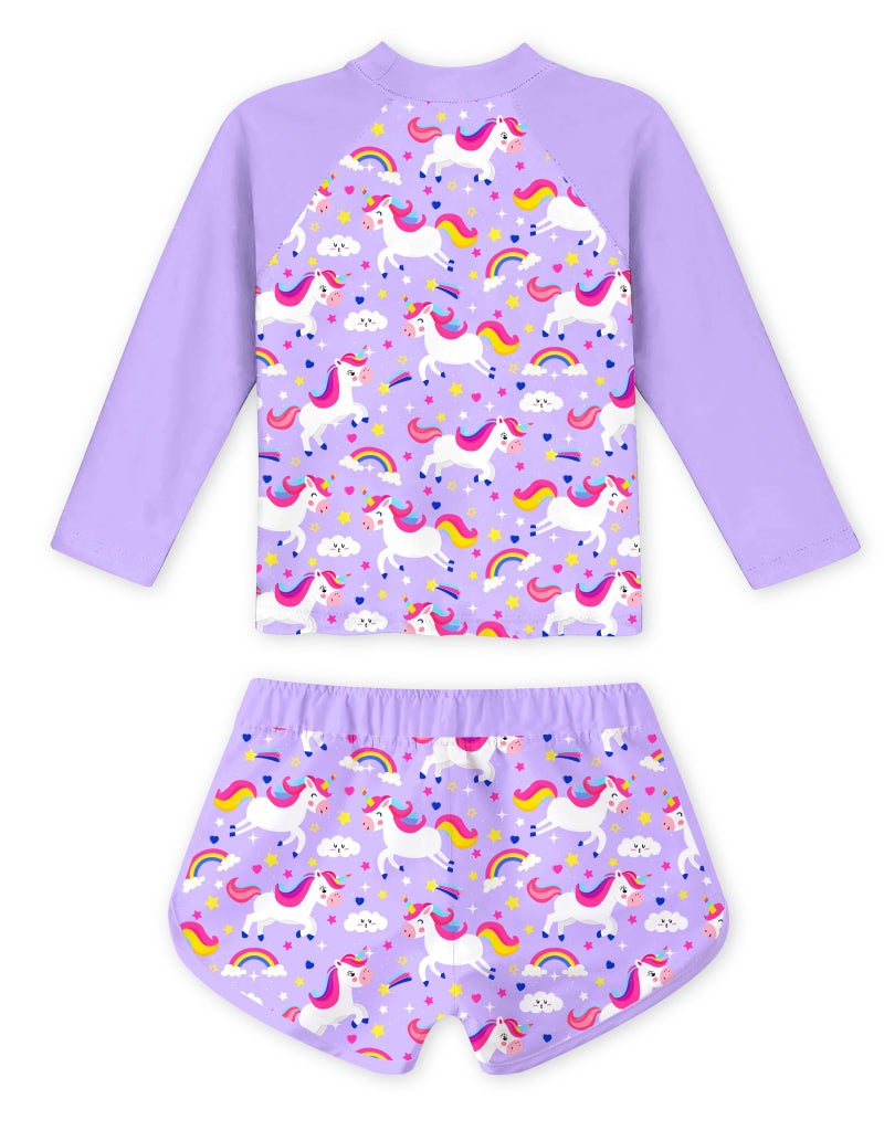 Vogseek Girls Unicorns Swimsuit Long Sleeve Rash Guard Two Pieces Purple 5 Year Old Girl Bathing Suit Set Crewneck Breathable Kids UPF 50+ Swimwear 5T 6T - Image 2