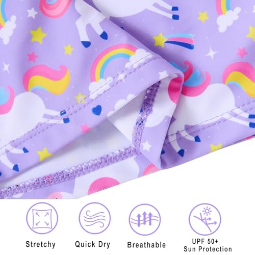 Vogseek Girls Unicorns Swimsuit Long Sleeve Rash Guard Two Pieces Purple 5 Year Old Girl Bathing Suit Set Crewneck Breathable Kids UPF 50+ Swimwear 5T 6T - Image 4