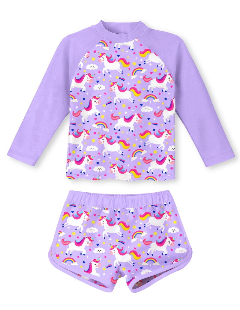 Vogseek Girls Unicorns Swimsuit Long Sleeve Rash Guard Two Pieces Purple 5 Year Old Girl Bathing Suit Set Crewneck Breathable Kids UPF 50+ Swimwear 5T 6T - Image 1