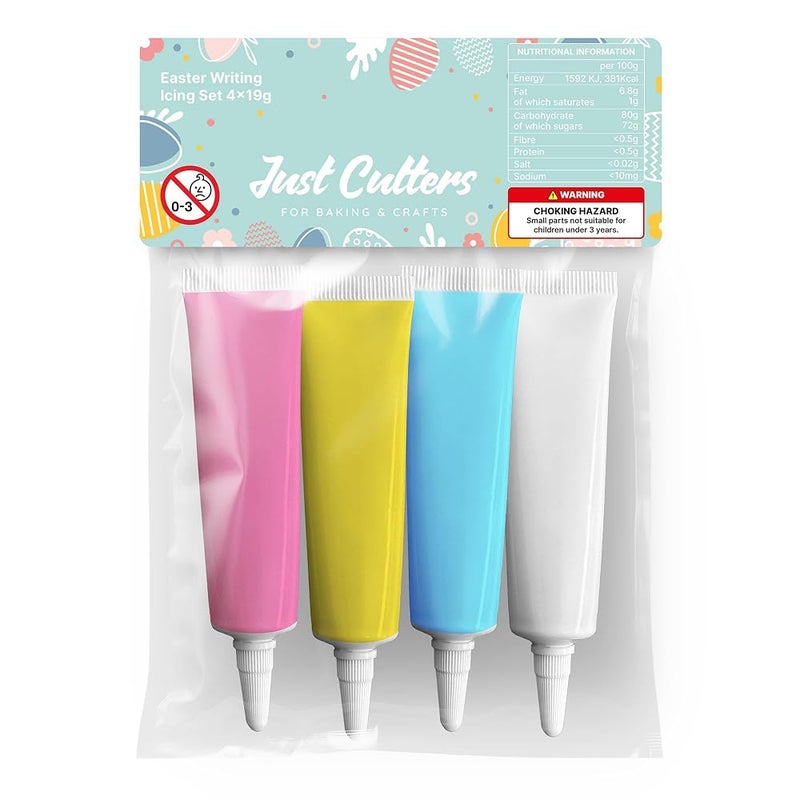 JUST CUTTERS Pack of 4 x 19g Pink, Yellow, Blue, White Writing Icing Tubes | Ready To Use | Instant Icing Pens for Writing, Drawing & Personalising Cakes, Biscuits & Baking - Image 1
