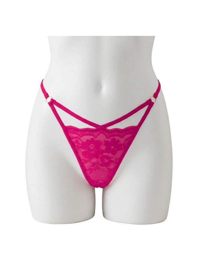 Women's lace thong panties, fuchsia pink, one size, with gold-tone rings