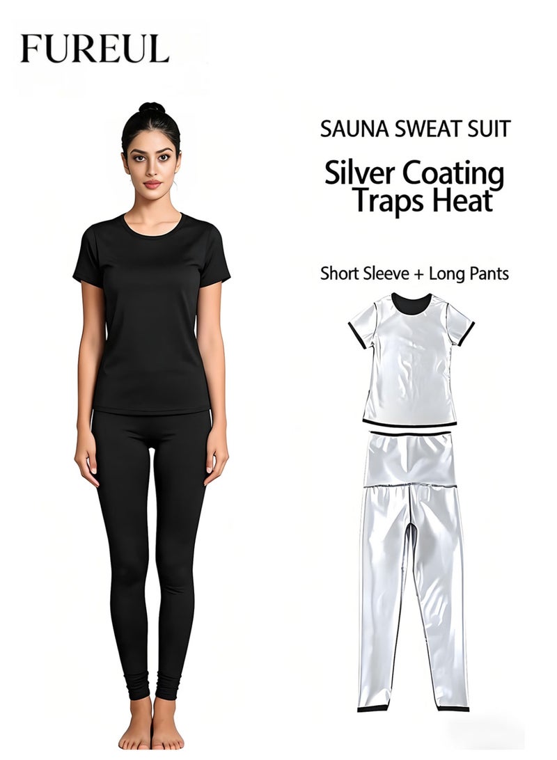 FUREUL Women's Short Sleeve Long Pants Sauna Suit Outer Durable Wrinkle Resistant Polyester Inner Eco-Friendly Nano Silver Coating Heat Trapping Waist Cinching Body Shaping Sweat Enhancing Weight Loss Indoor Outdoor Sports Suitable For Running Gym Training Hiking Jogging Fitness Workout Shapewear - Image 1