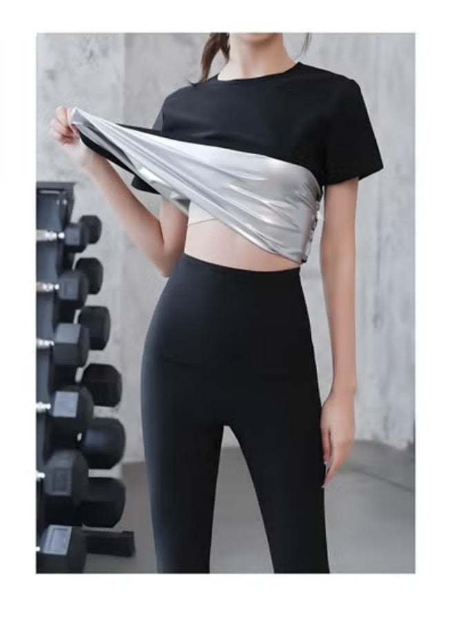 FUREUL Women's Short Sleeve Long Pants Sauna Suit Outer Durable Wrinkle Resistant Polyester Inner Eco-Friendly Nano Silver Coating Heat Trapping Waist Cinching Body Shaping Sweat Enhancing Weight Loss Indoor Outdoor Sports Suitable For Running Gym Training Hiking Jogging Fitness Workout Shapewear - Image 4