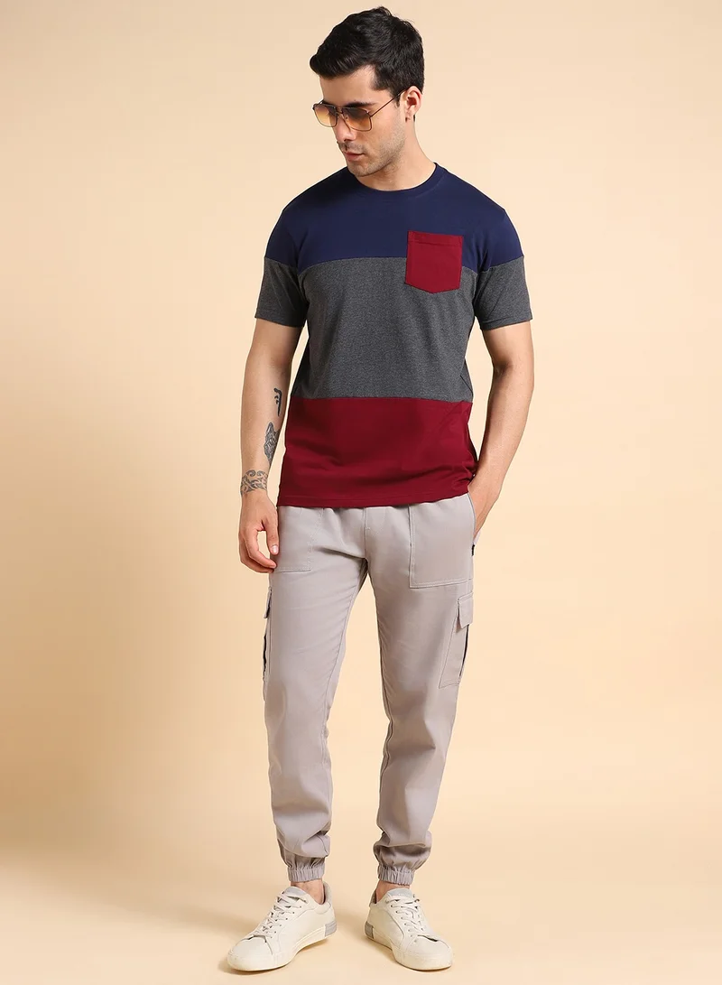 Dennis Lingo Navy Colourblocked Regular Fit Crew Neck T-shirt for Men - 100% Cotton, Half Sleeves, Casual,