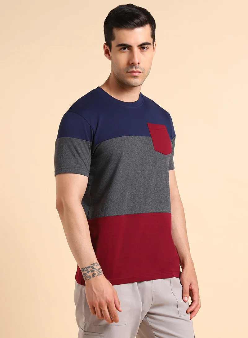 Dennis Lingo Navy Colourblocked Regular Fit Crew Neck T-shirt for Men - 100% Cotton, Half Sleeves, Casual,