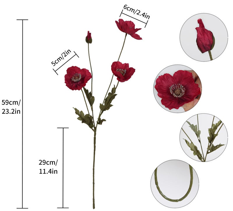IPOPU Red Poppy Flowers 6pcs Artificial Poppies Faux Vintage Silk Flower Arrangements for Wedding Centerpieces, Home Table, Bridal Shower Party Decorations - Image 3