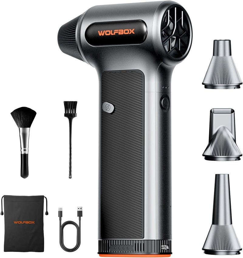 WOLFBOX MegaFlow200 Compressed Air Duster with Removable Battery, 3-Speed Adjustable Cordless Air Blower with 4 Nozzles for Keyboard, Car, Home, Outdoor Use - Image 1