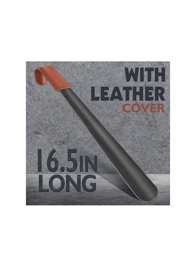 فولانري لبيسة حذاء بمقبض طويل، لبيسة حذاء معدنية من الفولاذ المقاوم للصدأ مقاس 16.5 بوصة - لبيسة حذاء مع حزام جلدي لرفع الأحذية أثناء السفر، ملعقة مساعدة للأحذية، 42 سم للرجال والنساء والأطفال - Image 2