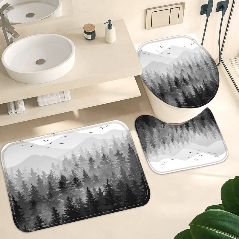 Fungarth 4 Pcs Black White Misty Forest Shower Curtain Set With Rug Mountain Bathroom Sets With Waterproof Fabric Shower Curtain And Non-Slip Rugs Toilet Lid Cover Bath Mat Decor With Hooks (Black) - Image 5
