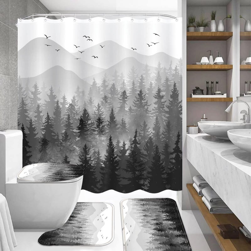 Fungarth 4 Pcs Black White Misty Forest Shower Curtain Set With Rug Mountain Bathroom Sets With Waterproof Fabric Shower Curtain And Non-Slip Rugs Toilet Lid Cover Bath Mat Decor With Hooks (Black) - Image 4