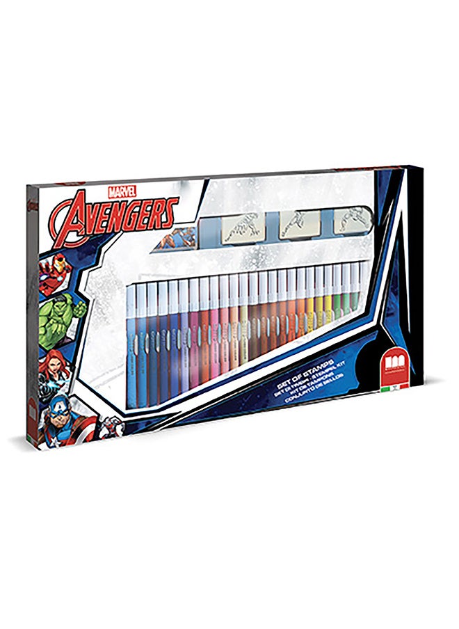 MULTIPRINT Avengers 36 Felt Tip Pens Set  36 Felt Pens, 3 Stamps, 1 Ink Pad And 1 Coloring Book  - Image 1