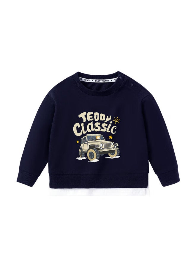 Classic Teddy Boys' Sweatshirt, Children's Spring Clothing, Big Kids' Faux Two-piece Top, Truck, Size 110