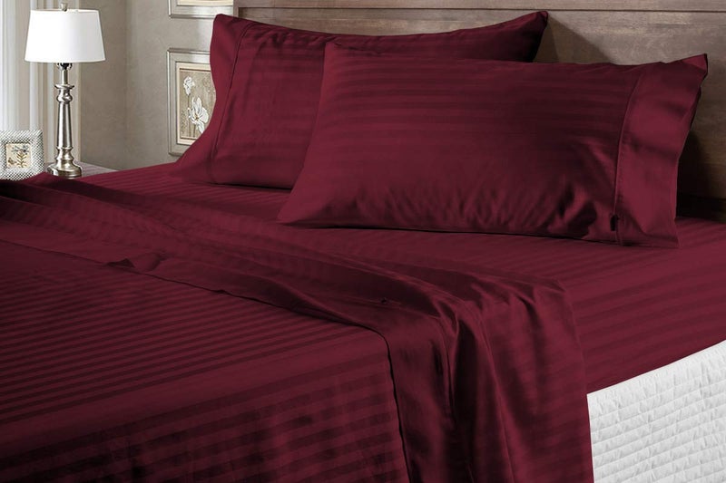 Lomezo 310 TC Cotton Satin Striped Double Queen Size Bedsheet with 2 Pillow Covers King Size Plain Premium Luxury Hotel Collection Solid Stripes - 90 x 100 (Red Wine) - Image 5