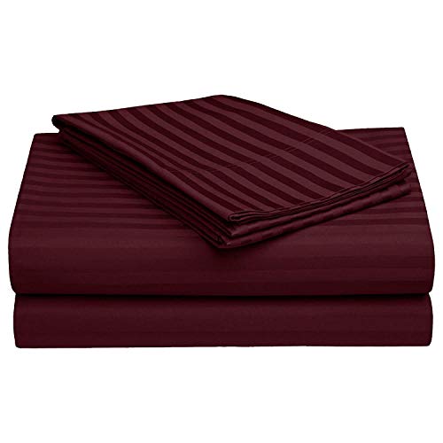 Lomezo 310 TC Cotton Satin Striped Double Queen Size Bedsheet with 2 Pillow Covers King Size Plain Premium Luxury Hotel Collection Solid Stripes - 90 x 100 (Red Wine) - Image 2
