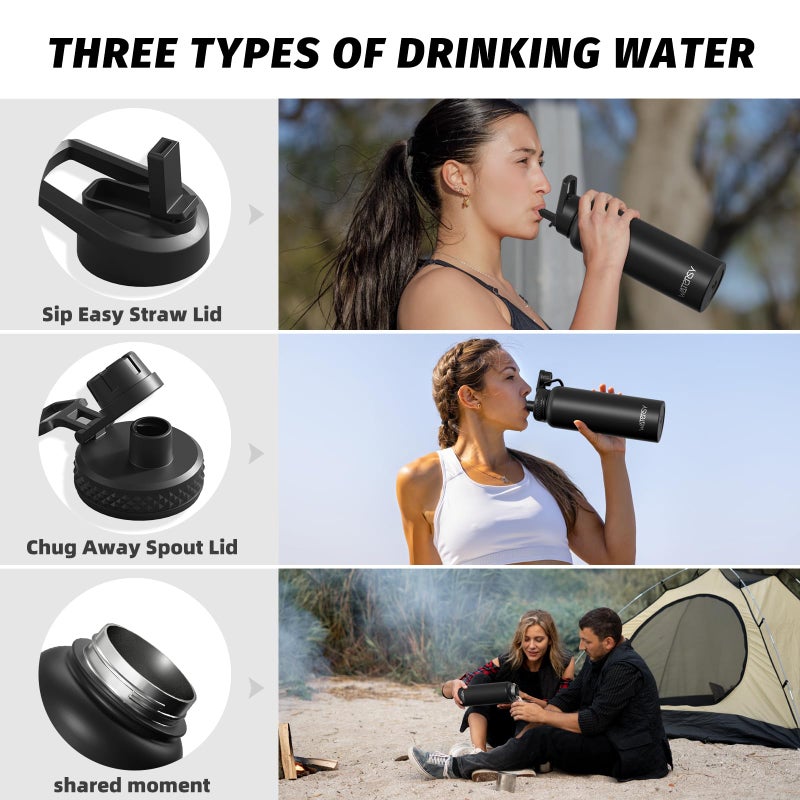 WATERSY 40oz Insulated Water Bottle (Cold for 48 Hrs),BPA Free&Leak Proof,Stainless Steel Water Flask,Water Jug with Straw Spout Lids for Gym,Hiking,Travel,Black - Image 3