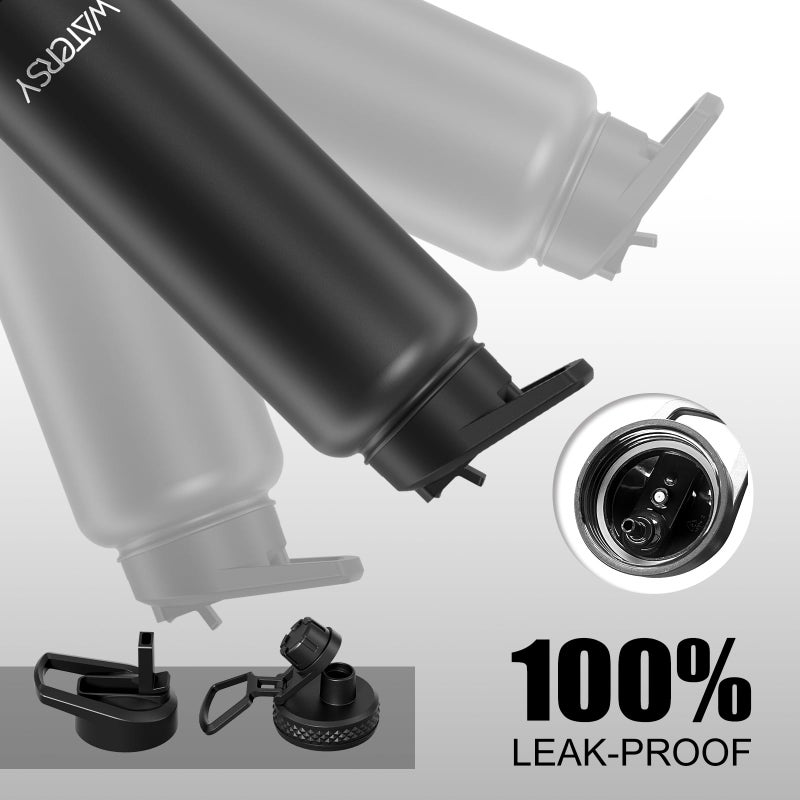 WATERSY 40oz Insulated Water Bottle (Cold for 48 Hrs),BPA Free&Leak Proof,Stainless Steel Water Flask,Water Jug with Straw Spout Lids for Gym,Hiking,Travel,Black - Image 5