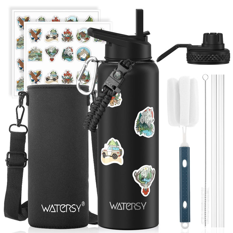 WATERSY 40oz Insulated Water Bottle (Cold for 48 Hrs),BPA Free&Leak Proof,Stainless Steel Water Flask,Water Jug with Straw Spout Lids for Gym,Hiking,Travel,Black - Image 1