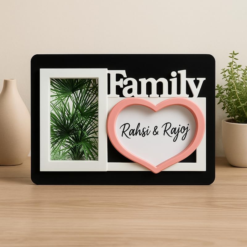 Fitto Family Photo Frame with Dual Picture Slots, Decorative Family Text, Black with White Border and Pink Love Shape