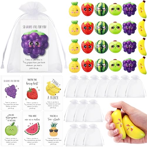 JellyArch 24 Sets Employee Appreciation Gifts Bulk Fruit Shaped Stress Balls Party Prizes Fruit Themed Party Favor with Inspirational Pun Card Gift for Volunteer Nurse Coworker Team Office Staff - Image 1