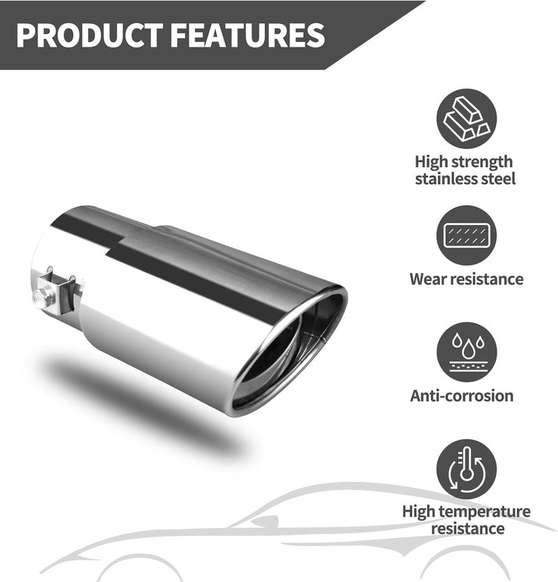 Dartler Car Exhaust Tail Muffler Tip Show Pipe 60mm, Curved Oval, Stainless Steel Universal Fit (Chrome, Chrome Straight) - Image 5