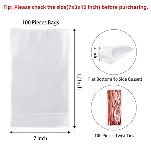 Morepack Flat Bottom Cellophane Bags,100 Pcs 7x3x12 Inches Clear Cello Bags Flat Bottom Cellophane Treat Bags for Cookie (No Side Gusset) - Image 2