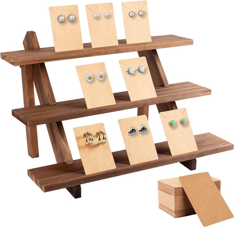 ZYP 51pcs 3Tier Wood Earring Display Stand Retail Jewelry Card Stand with Groove 50 Cards Portable Ring Organizer Holder Showcase Racks for Business Home Using - Image 2