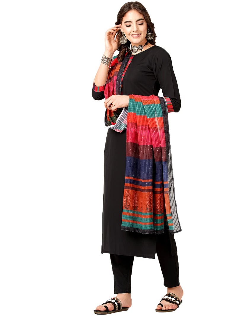 Shiv Textiles Digital Printed Round Neck Polyester Straight Kurta Set with Pent Duppata for Womens (205-Black-XL) - Image 1