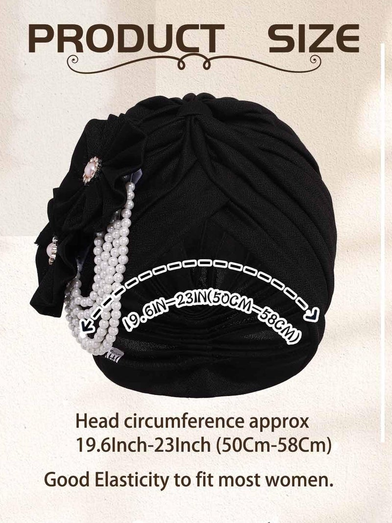 Woeoe Pearl Flower African Hats Pre-Tied Turbans Stretchy Twisted Church Wedding Head Wraps for Women (US, Alpha, One Size, Large, White) - Image 2