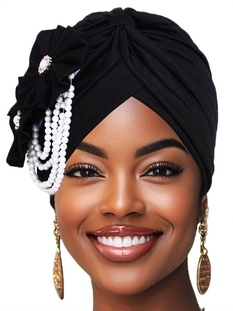Woeoe Pearl Flower African Hats Pre-Tied Turbans Stretchy Twisted Church Wedding Head Wraps for Women (US, Alpha, One Size, Large, White) - Image 1