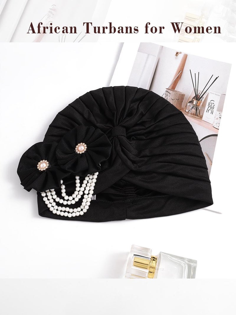 Woeoe Pearl Flower African Hats Pre-Tied Turbans Stretchy Twisted Church Wedding Head Wraps for Women (US, Alpha, One Size, Large, White) - Image 4