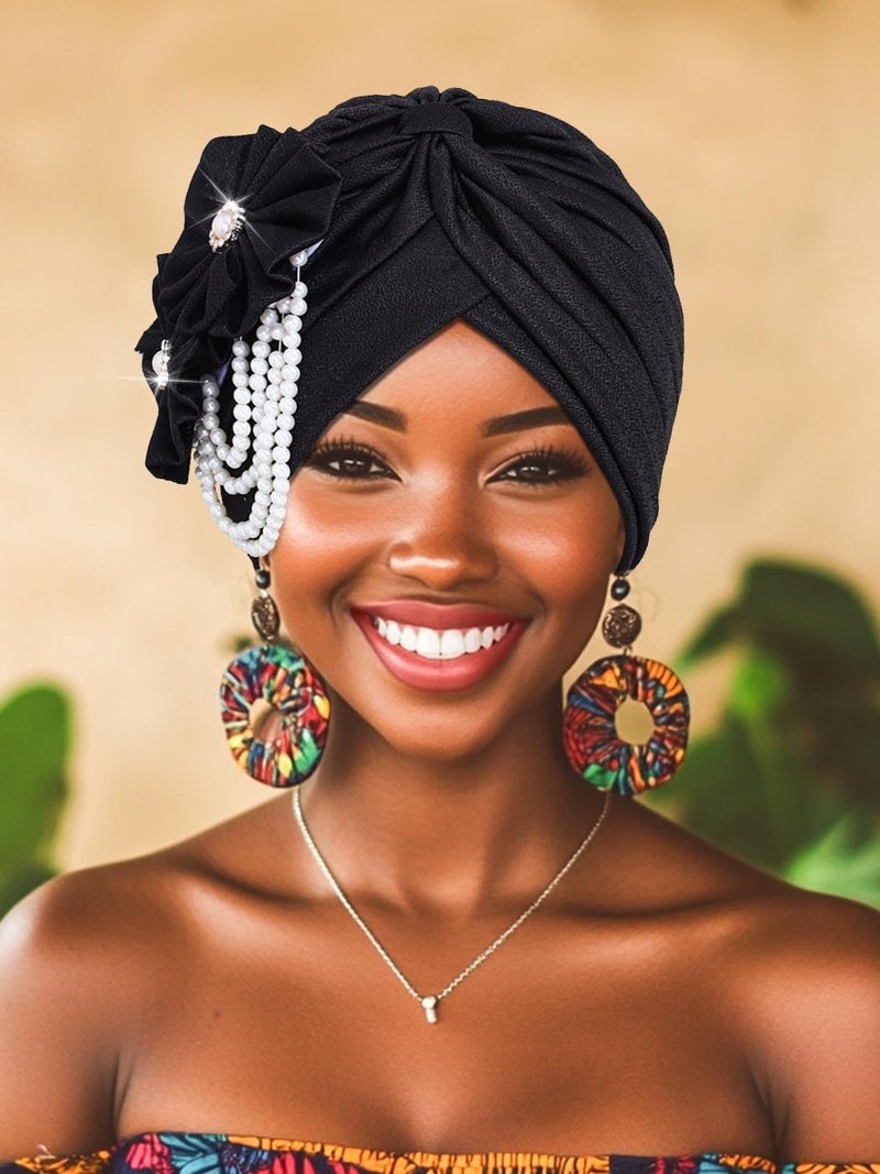 Woeoe Pearl Flower African Hats Pre-Tied Turbans Stretchy Twisted Church Wedding Head Wraps for Women (US, Alpha, One Size, Large, White) - Image 5