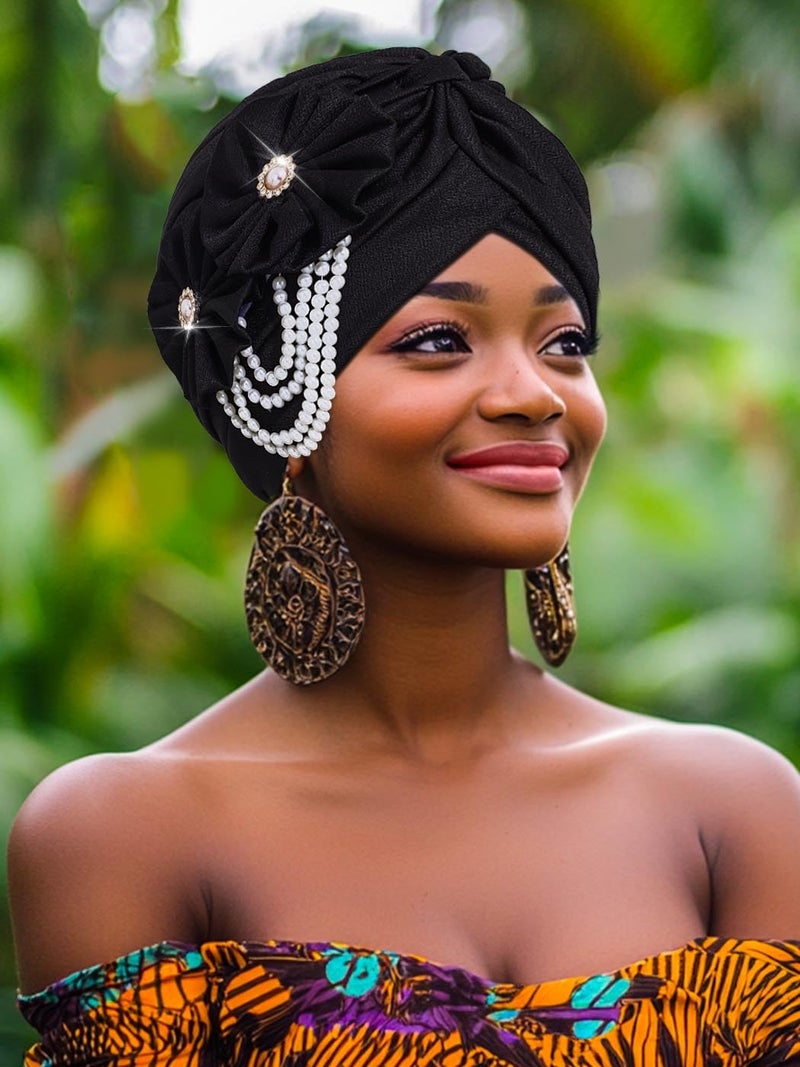 Woeoe Pearl Flower African Hats Pre-Tied Turbans Stretchy Twisted Church Wedding Head Wraps for Women (US, Alpha, One Size, Large, White) - Image 3