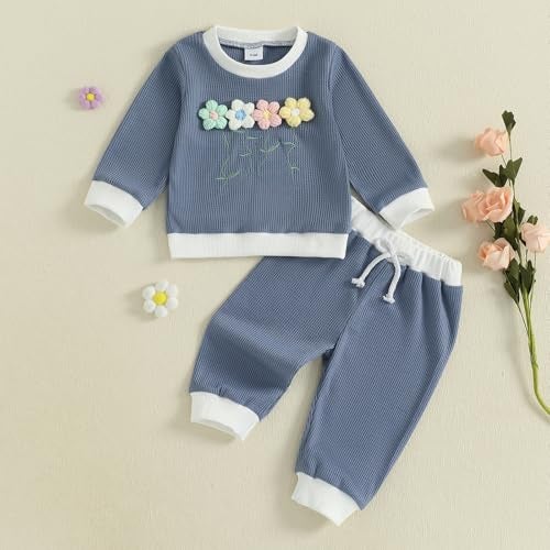 Amnnchya Toddler Clothes For Girls Baby 3D Flower Fall Winter Outfits Stripes Waffle Sweatshirt Pullover Cute Pants Set Blue Floral 612 Months - Image 3