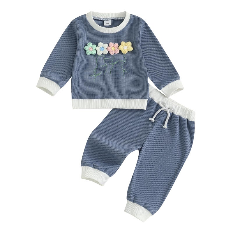 Amnnchya Toddler Clothes For Girls Baby 3D Flower Fall Winter Outfits Stripes Waffle Sweatshirt Pullover Cute Pants Set Blue Floral 612 Months - Image 2